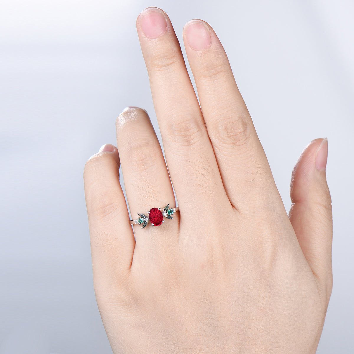 Oval Shaped Fantasy Cut Ruby Cluster Engagement Ring Green Moss Agate Emerald Accent Ring