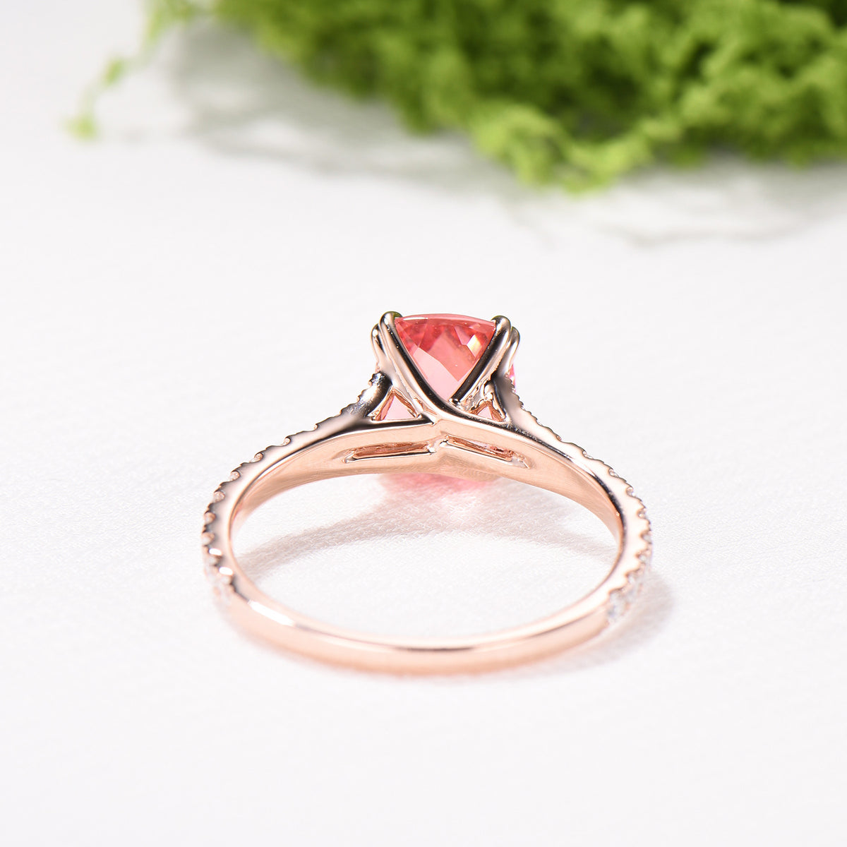 7x9mm Cushion Padparadscha Sapphire Engagement Ring, Split Shank Pave Diamond, Rose Gold Promise Ring - PENFINE