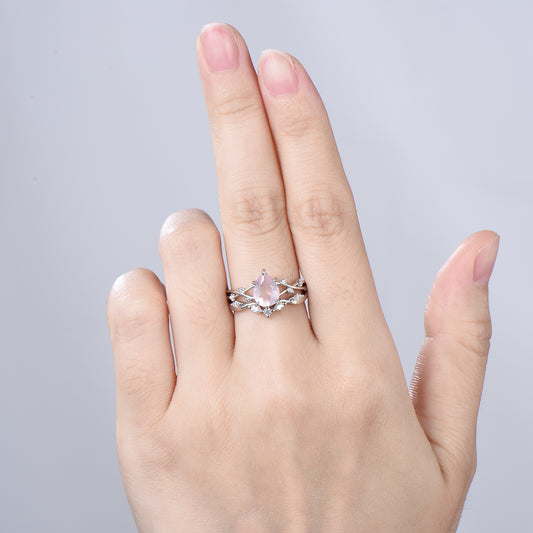 Rose Quartz Engagement Ring Set: Vintage Leaf Twig Bridal Set