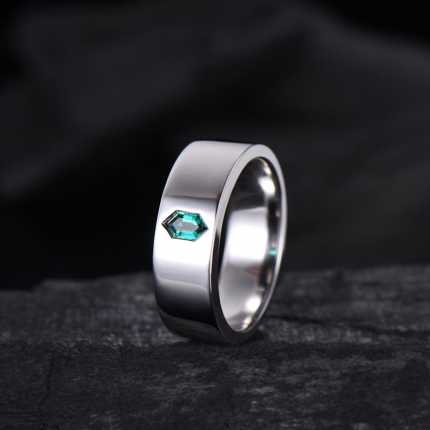Hexagon Cut Emerald Men's Band | Flush Set 7MM Wide Wedding Ring