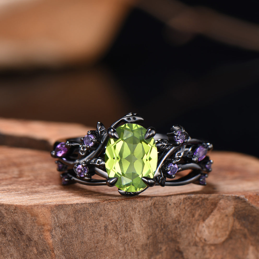 Unique Black Gold Oval Peridot Engagement Ring Set Nature Inspired Twig Amethyst Wedding Band branch August birthstone bridal set - PENFINE