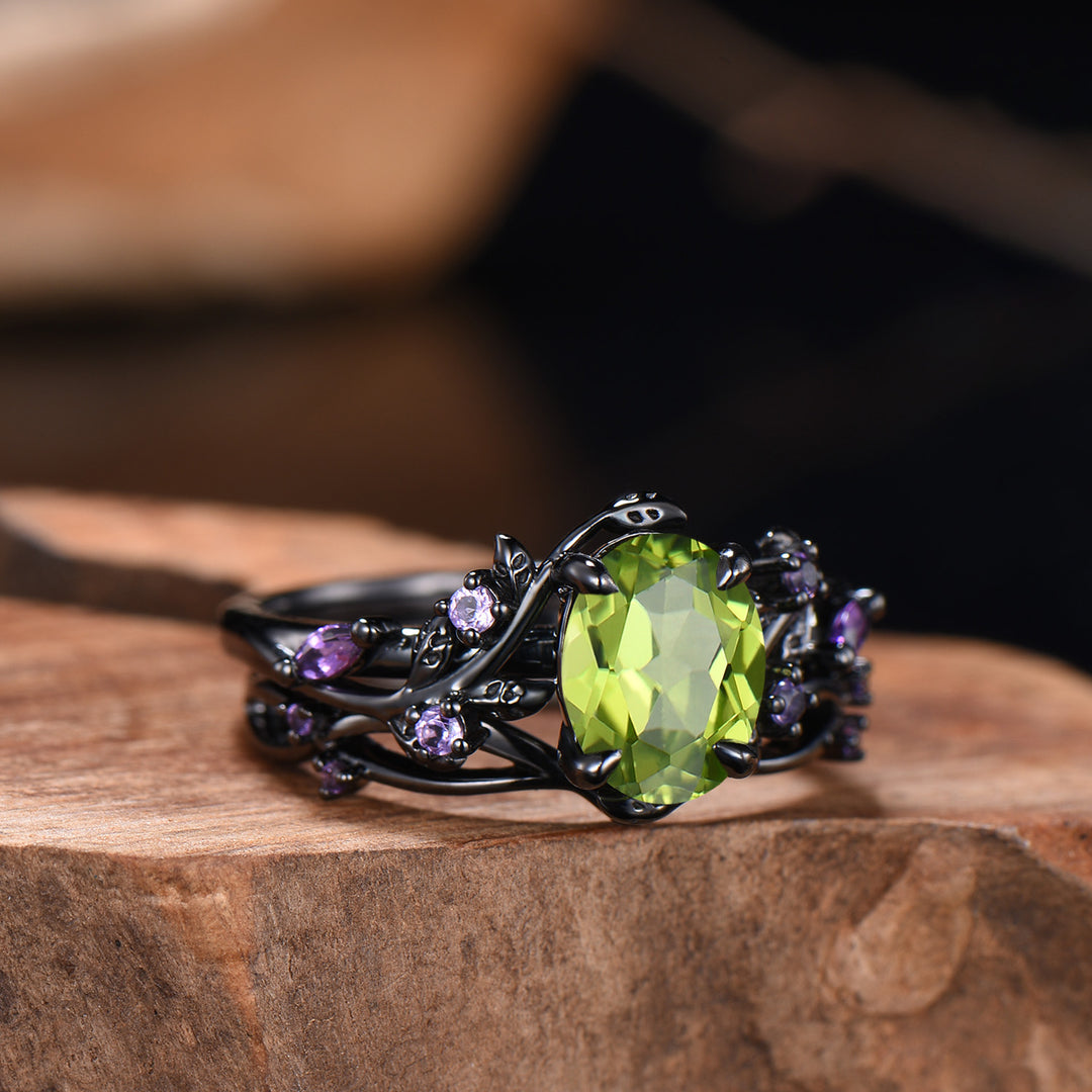Unique Black Gold Oval Peridot Engagement Ring Set Nature Inspired Twig Amethyst Wedding Band branch August birthstone bridal set - PENFINE