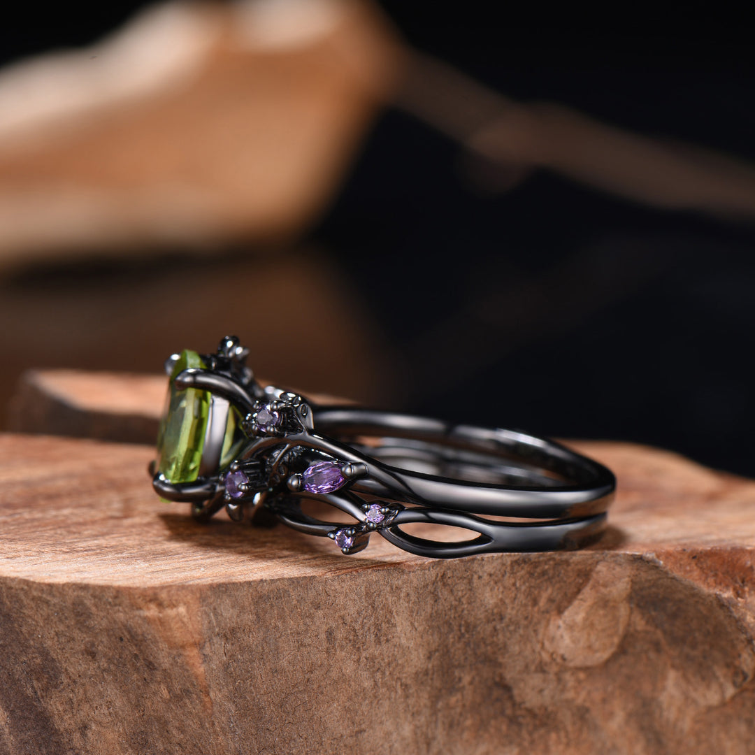Unique Black Gold Oval Peridot Engagement Ring Set Nature Inspired Twig Amethyst Wedding Band branch August birthstone bridal set - PENFINE