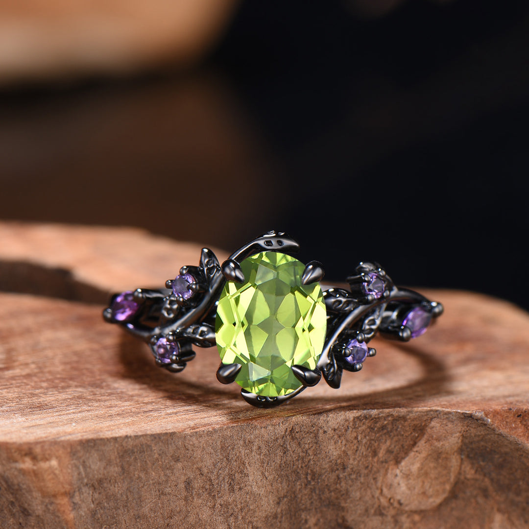 Unique Black Gold Oval Peridot Engagement Ring Set Nature Inspired Twig Amethyst Wedding Band branch August birthstone bridal set - PENFINE