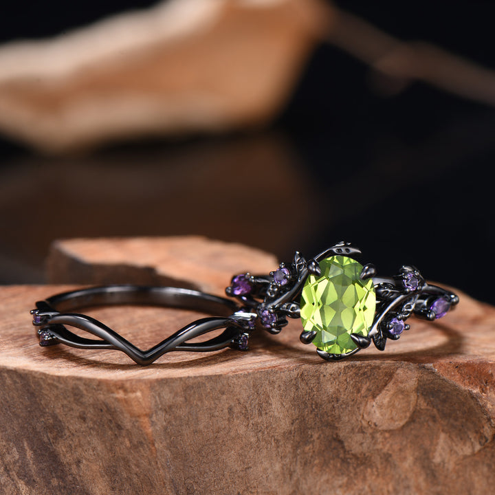 Unique Black Gold Oval Peridot Engagement Ring Set Nature Inspired Twig Amethyst Wedding Band branch August birthstone bridal set - PENFINE