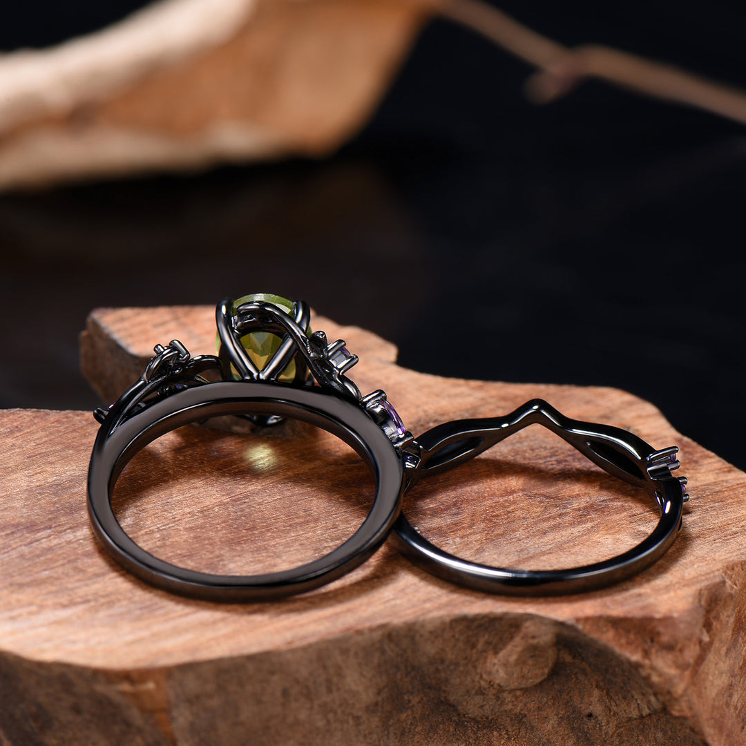 Unique Black Gold Oval Peridot Engagement Ring Set Nature Inspired Twig Amethyst Wedding Band branch August birthstone bridal set - PENFINE