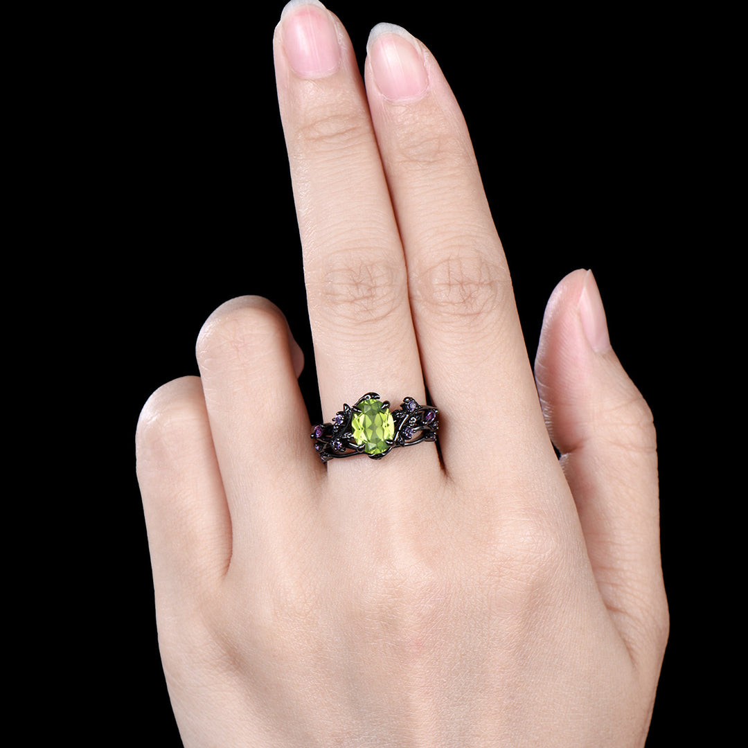 Unique Black Gold Oval Peridot Engagement Ring Set Nature Inspired Twig Amethyst Wedding Band branch August birthstone bridal set - PENFINE