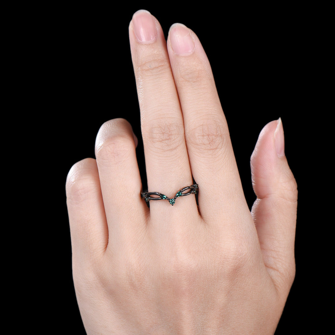 Gothic Black Gold Emerald Wedding Band Curved Marquise Wedding Ring Anniversary Stackable Band Evil Eye Emerald Promise Ring For Daughter - PENFINE