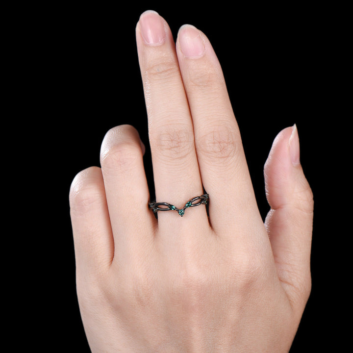 Gothic Black Gold Emerald Wedding Band Curved Marquise Wedding Ring Anniversary Stackable Band Evil Eye Emerald Promise Ring For Daughter - PENFINE