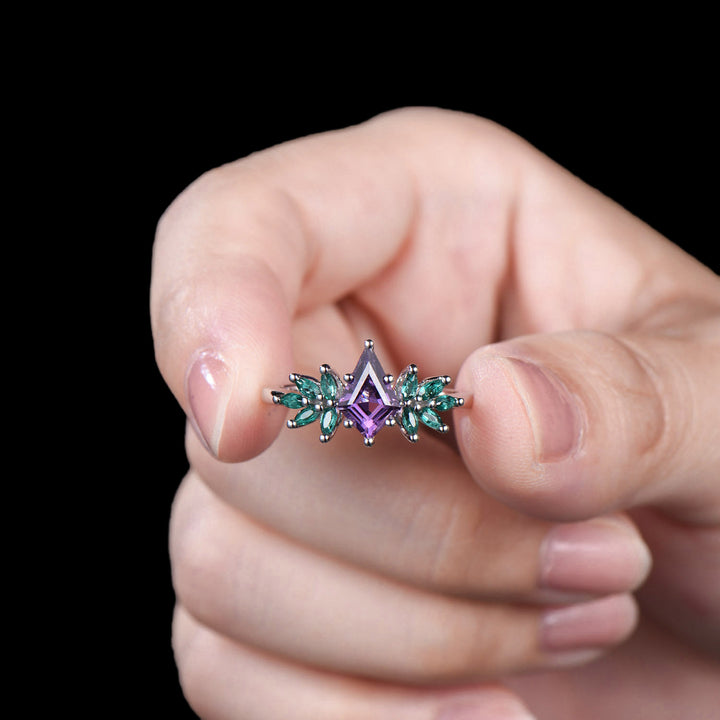 Vintage kite cut amethyst engagement ring cluster marqusie cut emerald anniversary promise ring - PENFINE