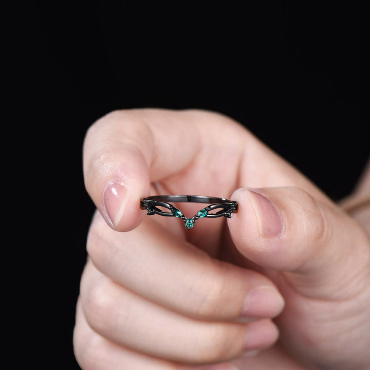 Gothic Black Gold Emerald Wedding Band Curved Marquise Wedding Ring Anniversary Stackable Band Evil Eye Emerald Promise Ring For Daughter - PENFINE