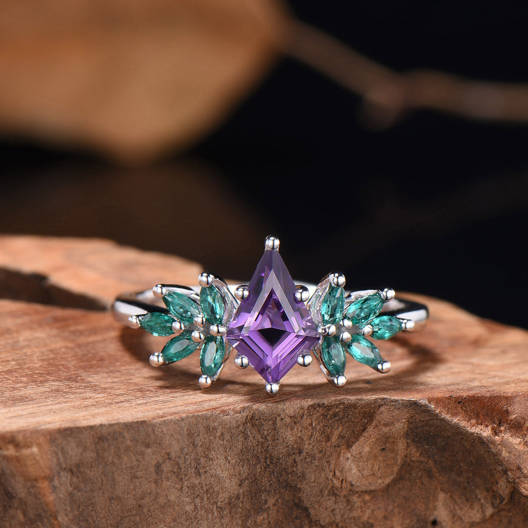 Vintage kite cut amethyst engagement ring cluster marqusie cut emerald anniversary promise ring - PENFINE