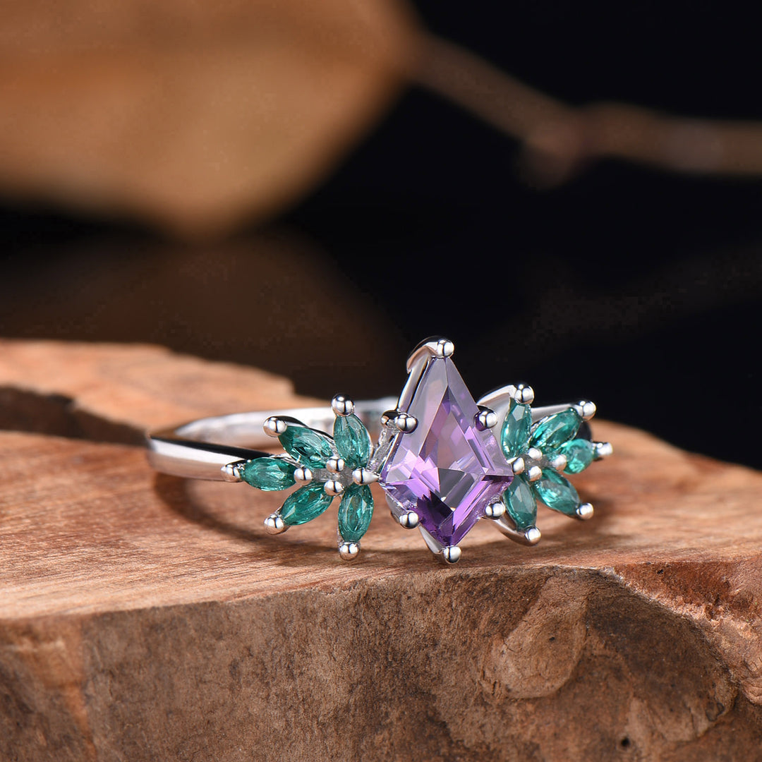 Vintage kite cut amethyst engagement ring cluster marqusie cut emerald anniversary promise ring - PENFINE
