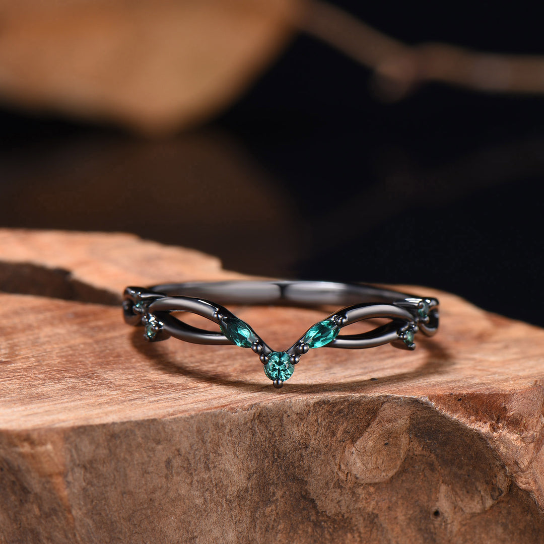 Gothic Black Gold Emerald Wedding Band Curved Marquise Wedding Ring Anniversary Stackable Band Evil Eye Emerald Promise Ring For Daughter - PENFINE