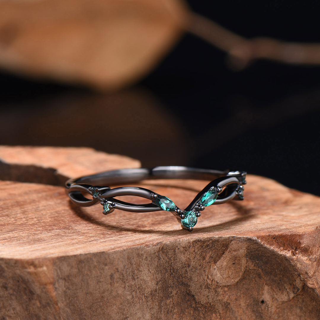 Gothic Black Gold Emerald Wedding Band Curved Marquise Wedding Ring Anniversary Stackable Band Evil Eye Emerald Promise Ring For Daughter - PENFINE