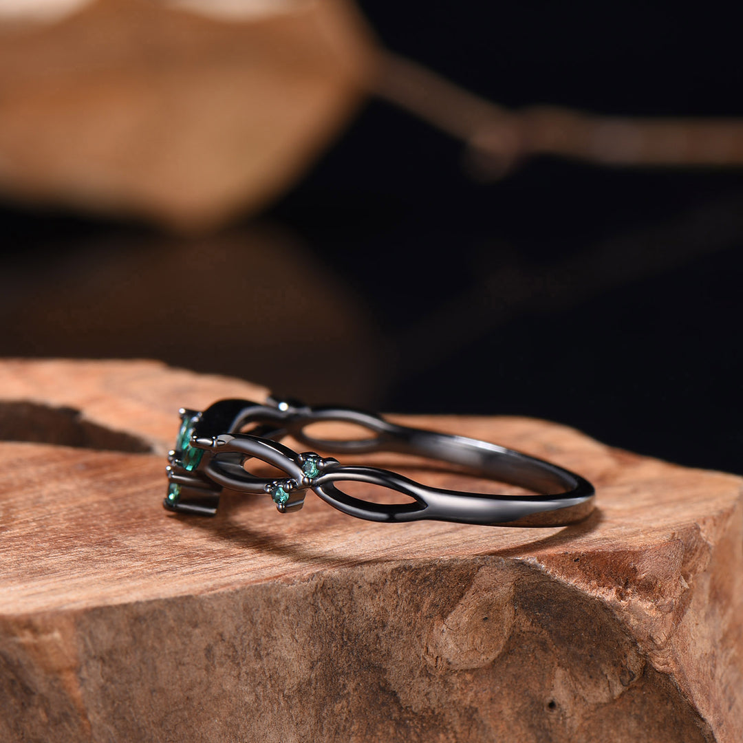 Gothic Black Gold Emerald Wedding Band Curved Marquise Wedding Ring Anniversary Stackable Band Evil Eye Emerald Promise Ring For Daughter - PENFINE