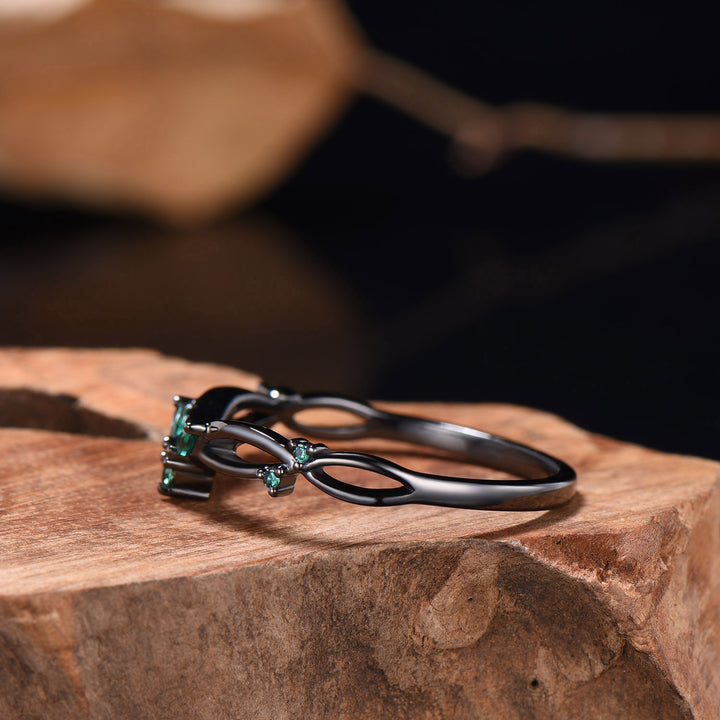 Gothic Black Gold Emerald Wedding Band Curved Marquise Wedding Ring Anniversary Stackable Band Evil Eye Emerald Promise Ring For Daughter - PENFINE