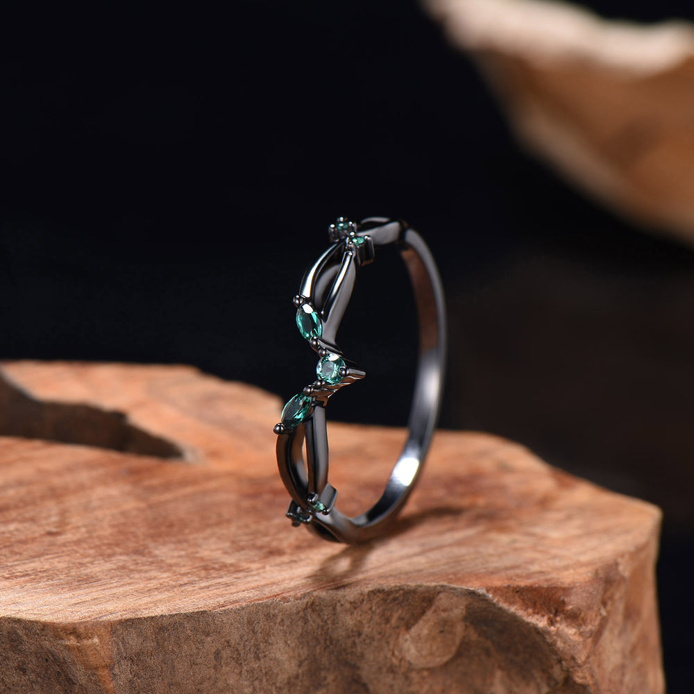 Gothic Black Gold Emerald Wedding Band Curved Marquise Wedding Ring Anniversary Stackable Band Evil Eye Emerald Promise Ring For Daughter - PENFINE