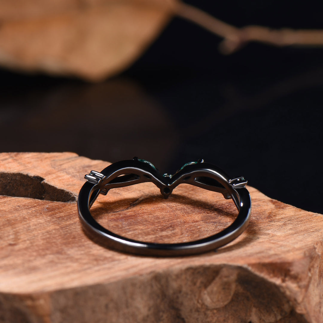 Gothic Black Gold Emerald Wedding Band Curved Marquise Wedding Ring Anniversary Stackable Band Evil Eye Emerald Promise Ring For Daughter - PENFINE