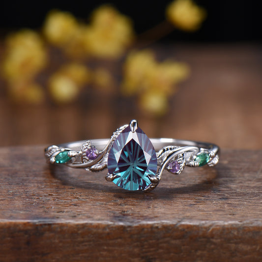 1.25ctw Pear Firework Cut Alexandrite Engagement Ring, Emerald Amethyst Twig Band, 14k White Gold