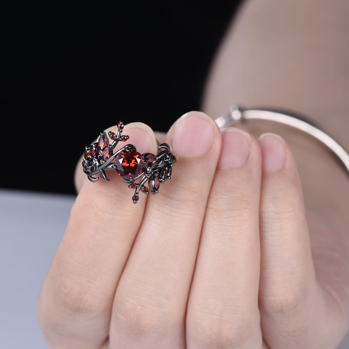 Gothic Garnet Engagement Ring, Black Gold Twig Branch, Marquise Cluster Wedding Band