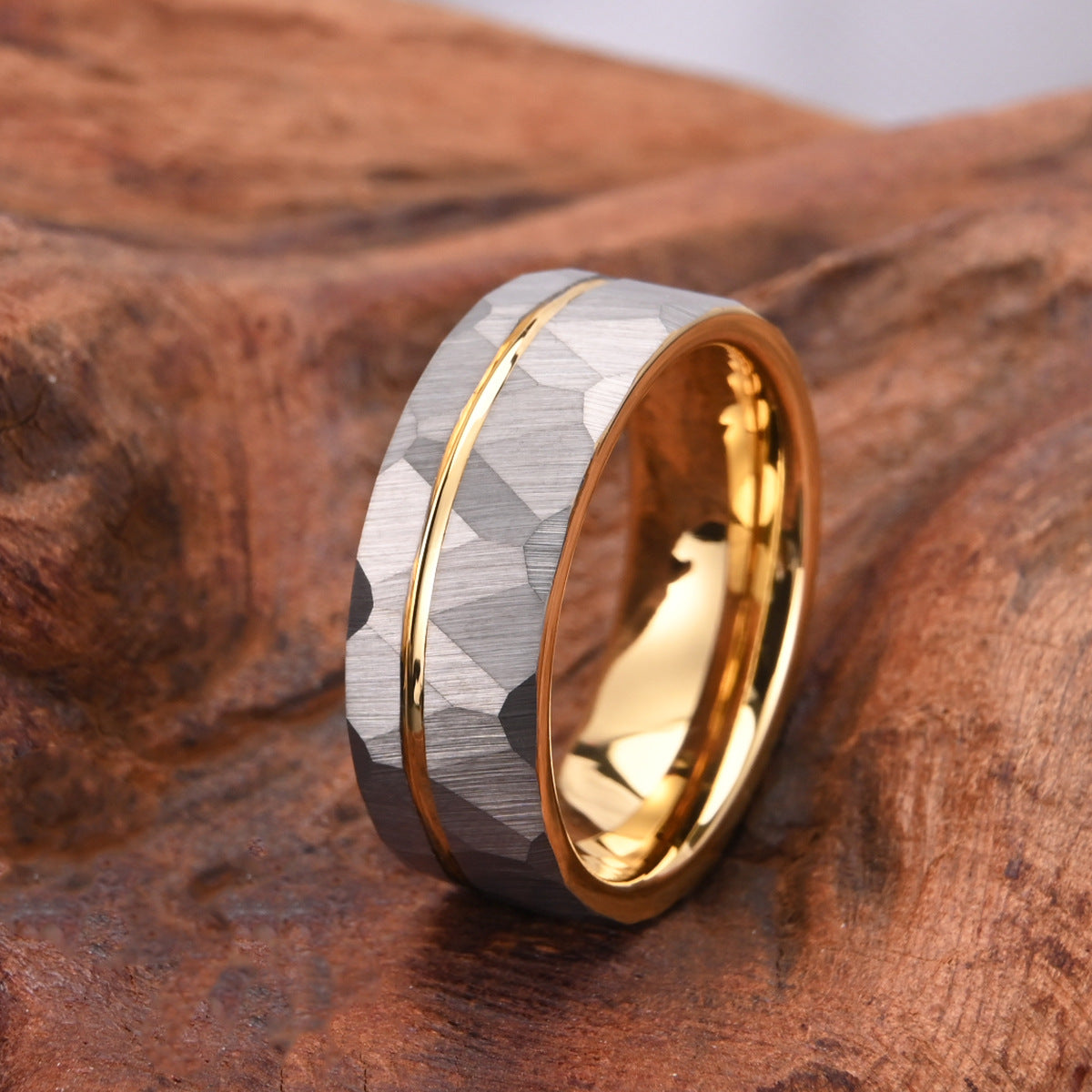 8mm men's wedding band Wide Tungsten Ring New Men's Gold Hammered Ring - PENFINE