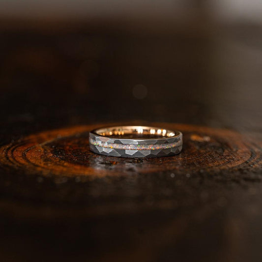 6mm Men's wedding band Tungsten Steel Hammered Electric Rose Ring Inlaid with Orbo Tungsten Gold - PENFINE
