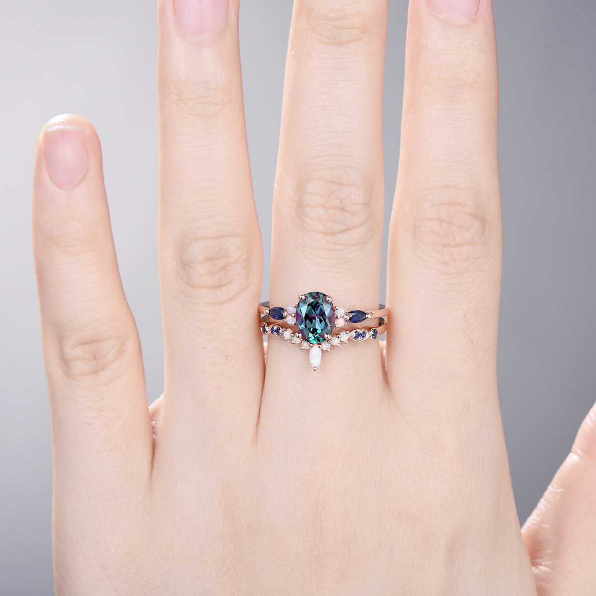 Vintage alexandrite engagement ring set Unique rose gold sapphire wedding set Art deco opal stacking matching ring bridal promise ring set - PENFINE