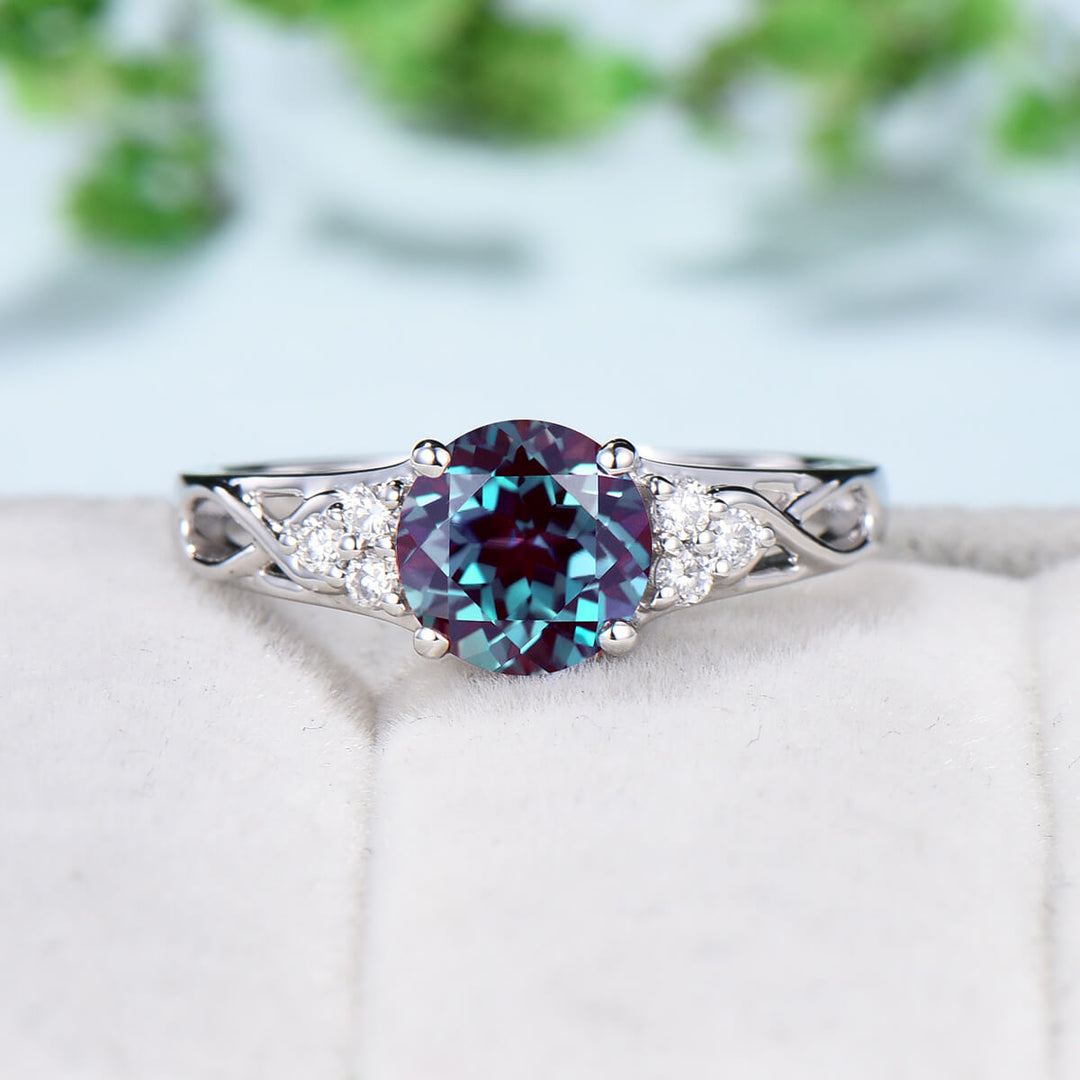 Vintage 7mm Round Alexandrite Engagement Ring Set Celtic Norse Viking  Color Change  Wedding Ring Set For Women Cluster Diamond  Bridal Set - PENFINE