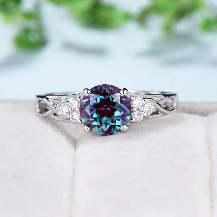 Vintage 7mm Round Alexandrite Engagement Ring Set Celtic Norse Viking  Color Change  Wedding Ring Set For Women Cluster Diamond  Bridal Set - PENFINE