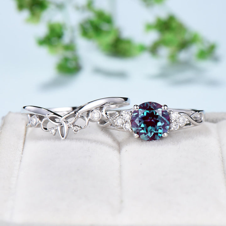 Vintage 7mm Round Alexandrite Engagement Ring Set Celtic Norse Viking  Color Change  Wedding Ring Set For Women Cluster Diamond  Bridal Set - PENFINE