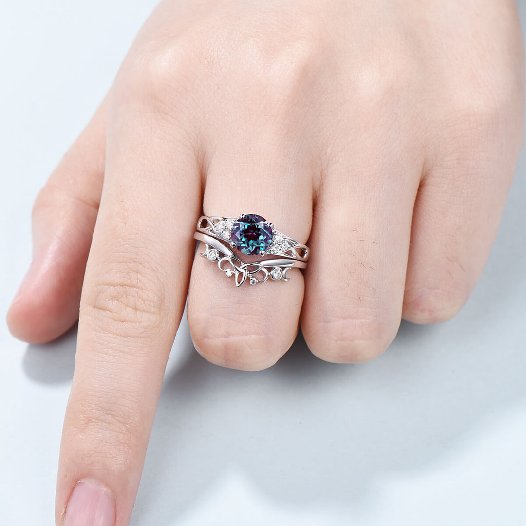 Vintage 7mm Round Alexandrite Engagement Ring Set Celtic Norse Viking  Color Change  Wedding Ring Set For Women Cluster Diamond  Bridal Set - PENFINE