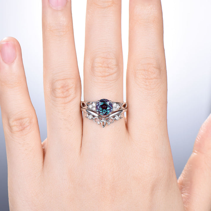 Vintage 7mm Round Alexandrite Engagement Ring Set Celtic Norse Viking  Color Change  Wedding Ring Set For Women Cluster Diamond  Bridal Set - PENFINE