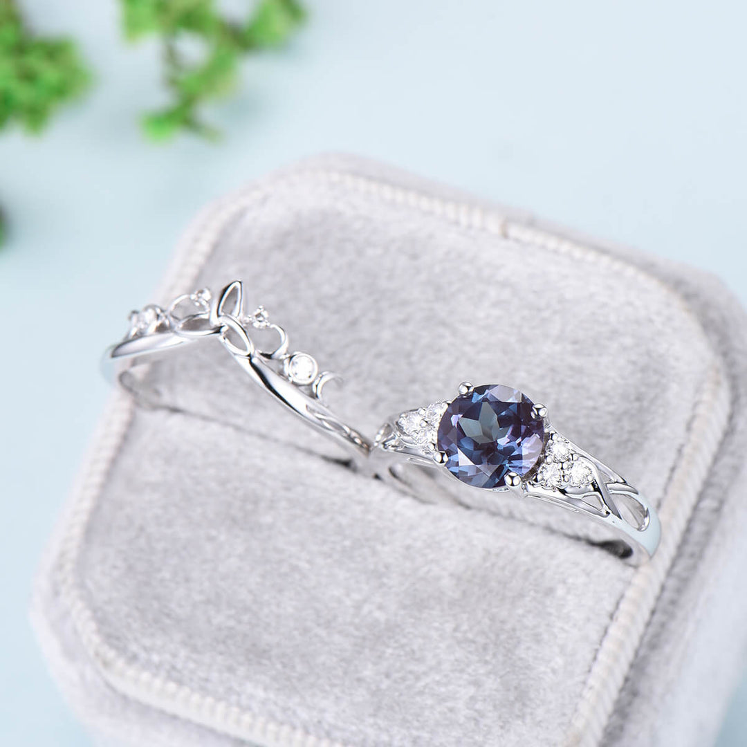 Vintage 7mm Round Alexandrite Engagement Ring Set Celtic Norse Viking  Color Change  Wedding Ring Set For Women Cluster Diamond  Bridal Set - PENFINE