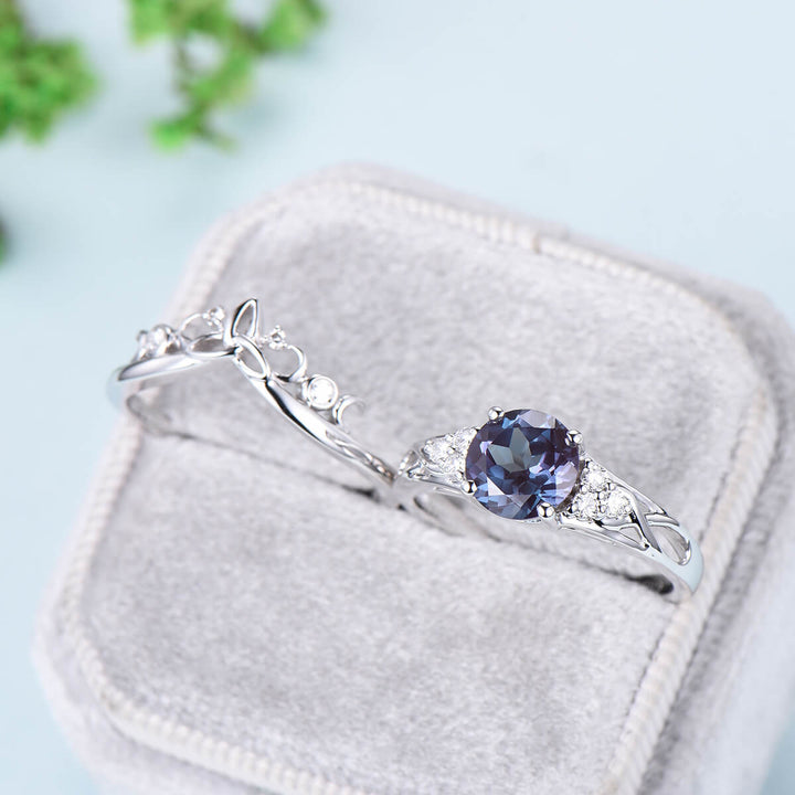 Vintage 7mm Round Alexandrite Engagement Ring Set Celtic Norse Viking  Color Change  Wedding Ring Set For Women Cluster Diamond  Bridal Set - PENFINE