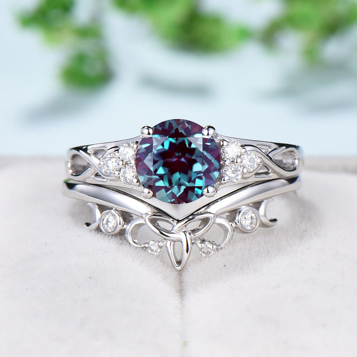 Vintage 7mm Round Alexandrite Engagement Ring Set Celtic Norse Viking  Color Change  Wedding Ring Set For Women Cluster Diamond  Bridal Set - PENFINE