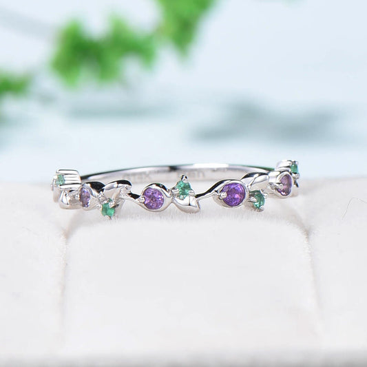 Dainty Queen Wedding Band Vintage Emerald And Amethyst Stacking Ring For Women Rose Gold Art Deco fianc¡§|e Wedding Ring Anniversary Gift - PENFINE