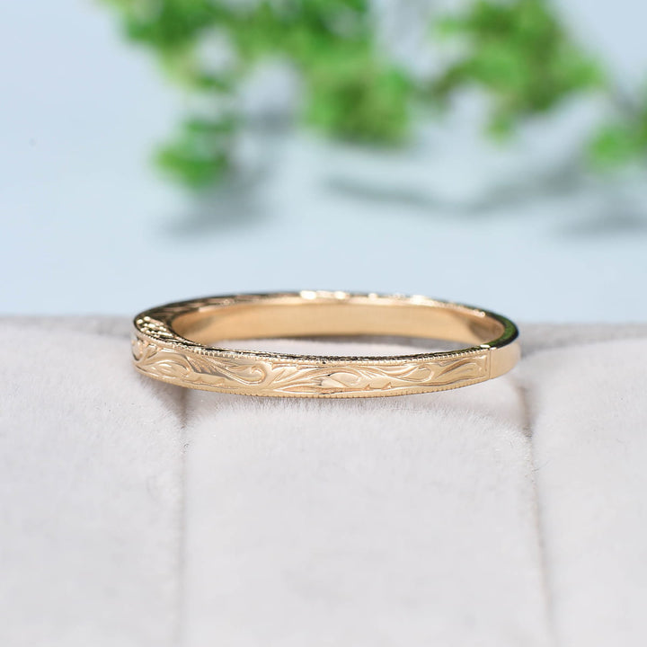 Solid 14k Plain Yellow Gold Wedding Ring Filigree Milgrain Edge Wedding Band Women Floral Design Stacking Retro Vintage Anniversary Ring - PENFINE