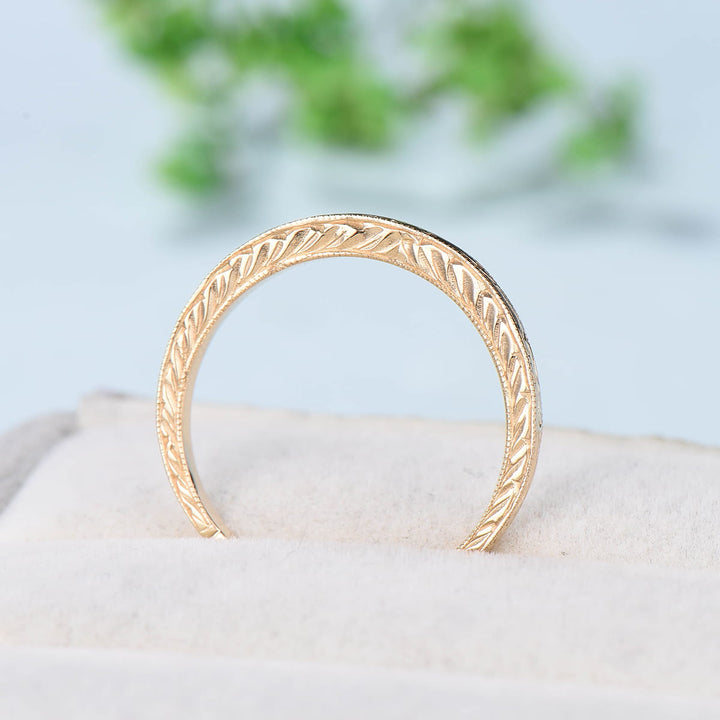 Solid 14k Plain Yellow Gold Wedding Ring Filigree Milgrain Edge Wedding Band Women Floral Design Stacking Retro Vintage Anniversary Ring - PENFINE