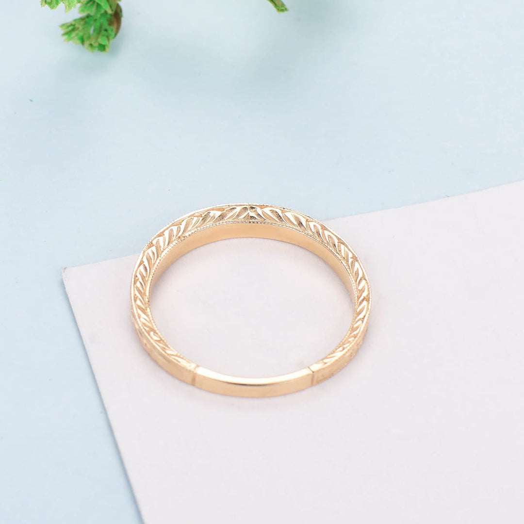 Solid 14k Plain Yellow Gold Wedding Ring Filigree Milgrain Edge Wedding Band Women Floral Design Stacking Retro Vintage Anniversary Ring - PENFINE