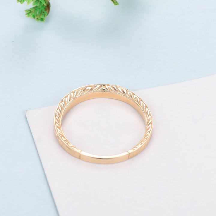 Solid 14k Plain Yellow Gold Wedding Ring Filigree Milgrain Edge Wedding Band Women Floral Design Stacking Retro Vintage Anniversary Ring - PENFINE