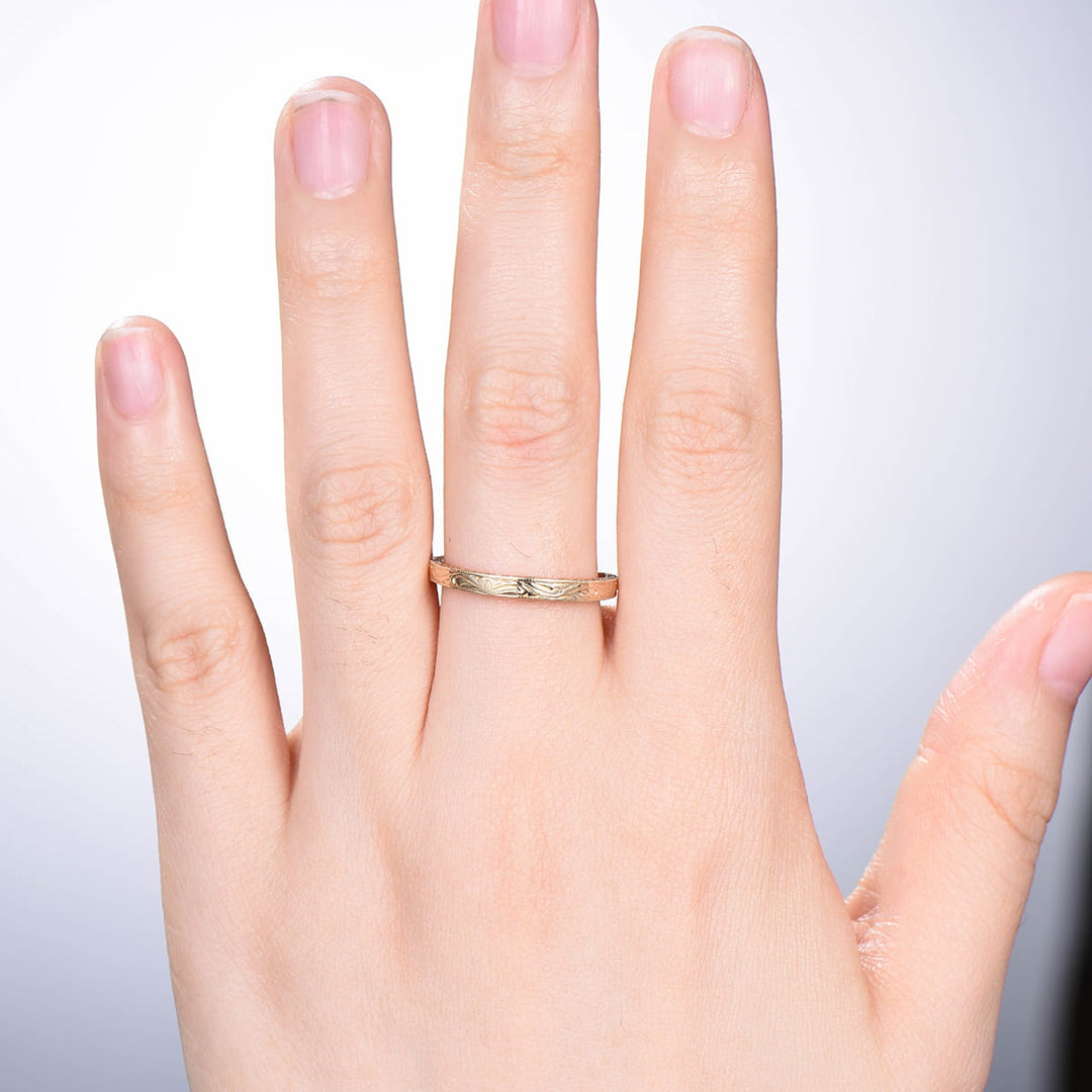 Solid 14k Plain Yellow Gold Wedding Ring Filigree Milgrain Edge Wedding Band Women Floral Design Stacking Retro Vintage Anniversary Ring - PENFINE