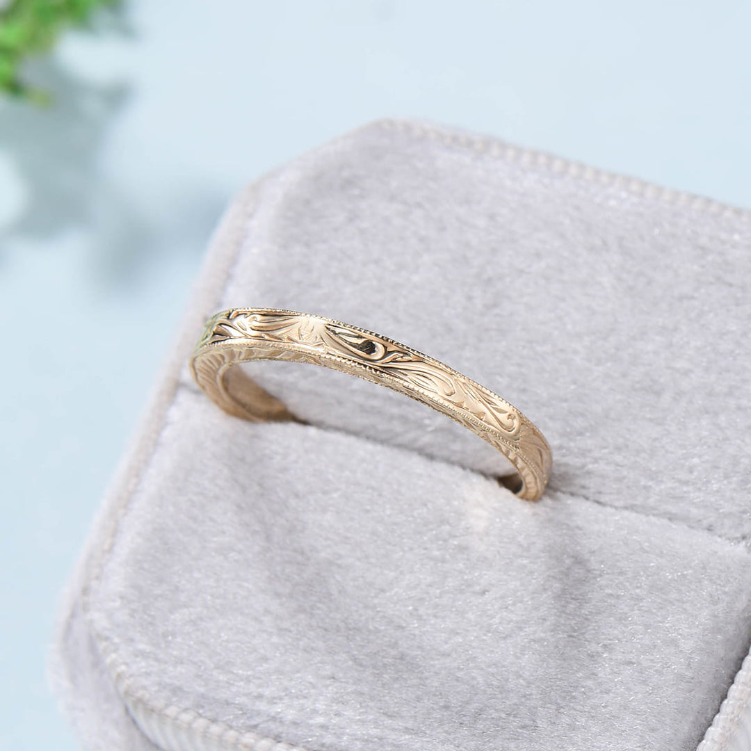 Solid 14k Plain Yellow Gold Wedding Ring Filigree Milgrain Edge Wedding Band Women Floral Design Stacking Retro Vintage Anniversary Ring - PENFINE