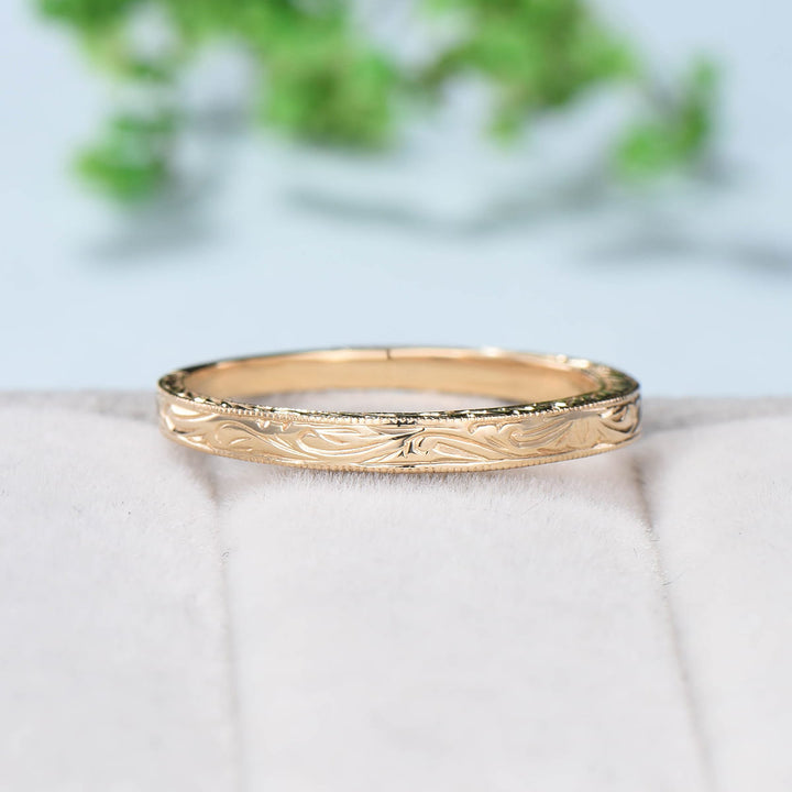 Solid 14k Plain Yellow Gold Wedding Ring Filigree Milgrain Edge Wedding Band Women Floral Design Stacking Retro Vintage Anniversary Ring - PENFINE