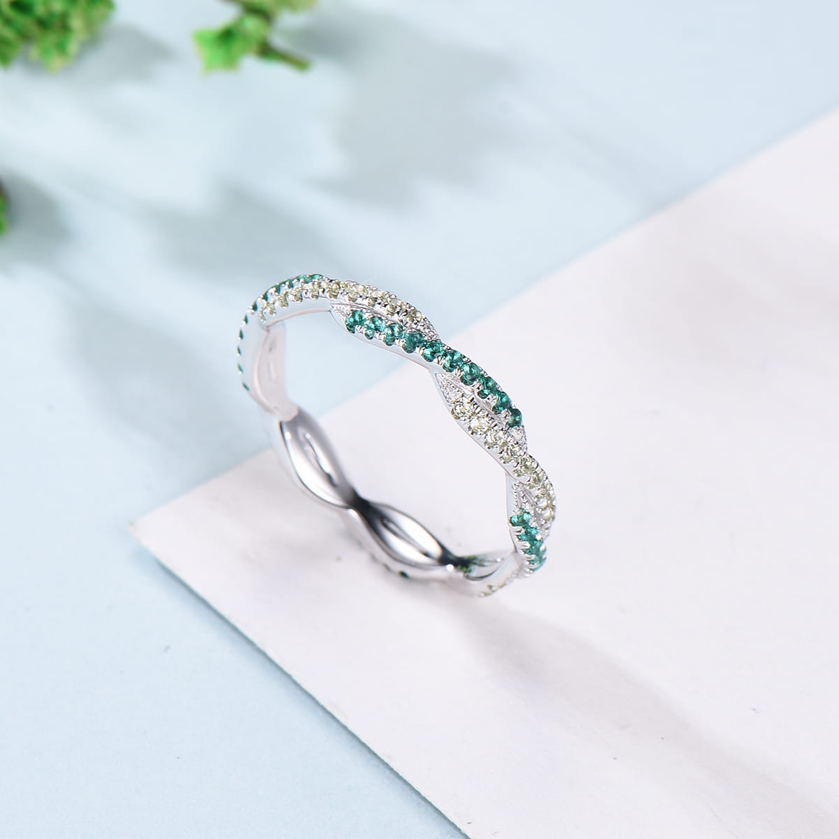 Chrome diopside eternity fashion band ring, green stone band, 14k white gold stacking band, chrome diopside ring, anniversary gift, gift for her