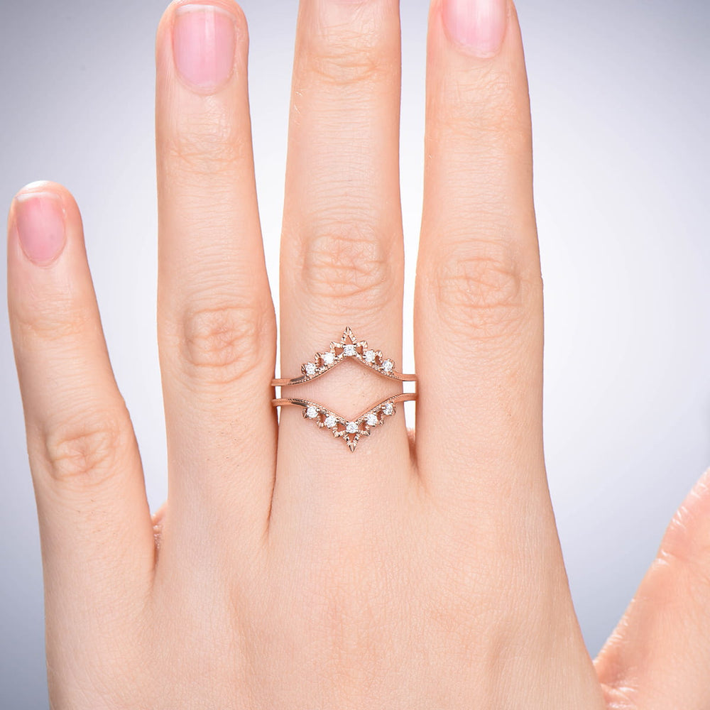 Double Curved V Moissanite Wedding Band Ladies Rose gold Wedding Promise Ring Women Art Deco Diamond Stacking Bridal Matching Ring For Her - PENFINE