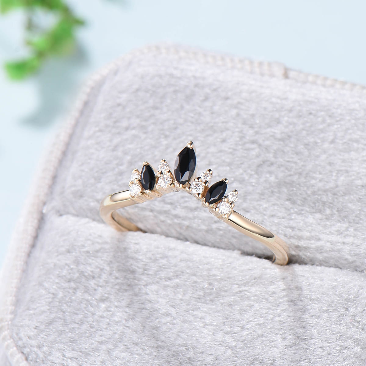 Vintage Yellow gold Black Spinel Wedding Band Marquise cut Wedding ring Unique ladies Stacking matching band Black Stone Anniversary gift - PENFINE