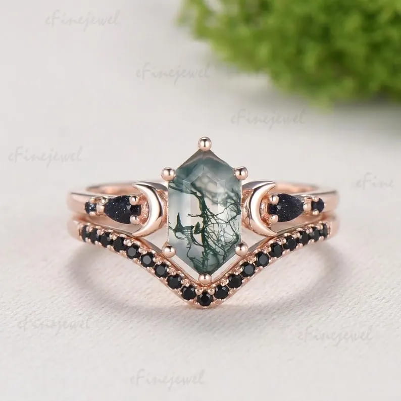 Long Hexagon Moss Agate Engagement Ring, Crescent Moon Blue Sandstone Band, Celestial Jewelry, Unique 14K Rose Gold Wedding Ring Set - PENFINE