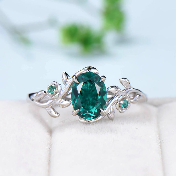 Nature inspired flower emerald engagement ring vintage floral branch emerald wedding ring unique twig leaves May birthstone anniversary ring - PENFINE
