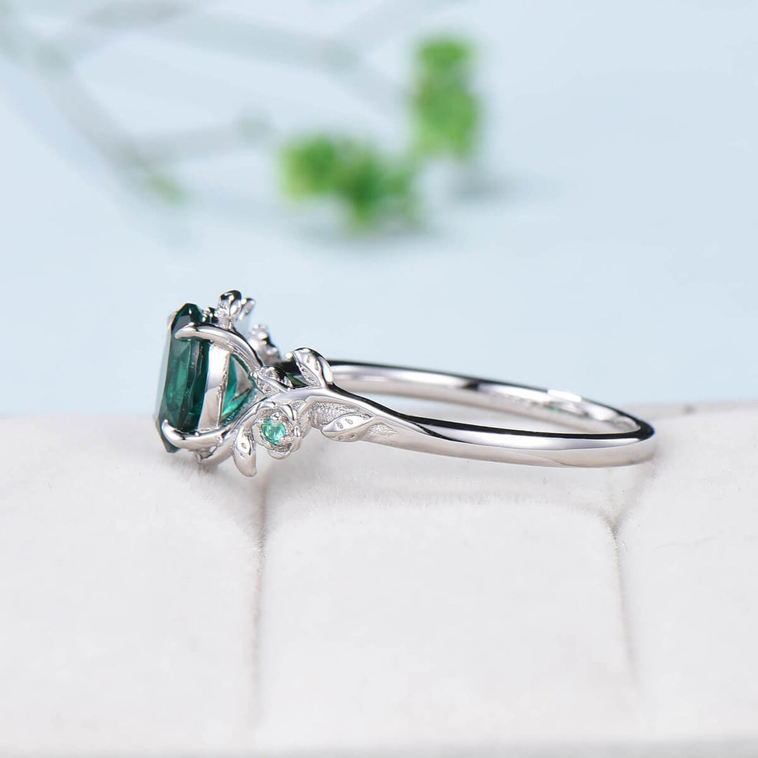 Nature inspired flower emerald engagement ring vintage floral branch emerald wedding ring unique twig leaves May birthstone anniversary ring - PENFINE